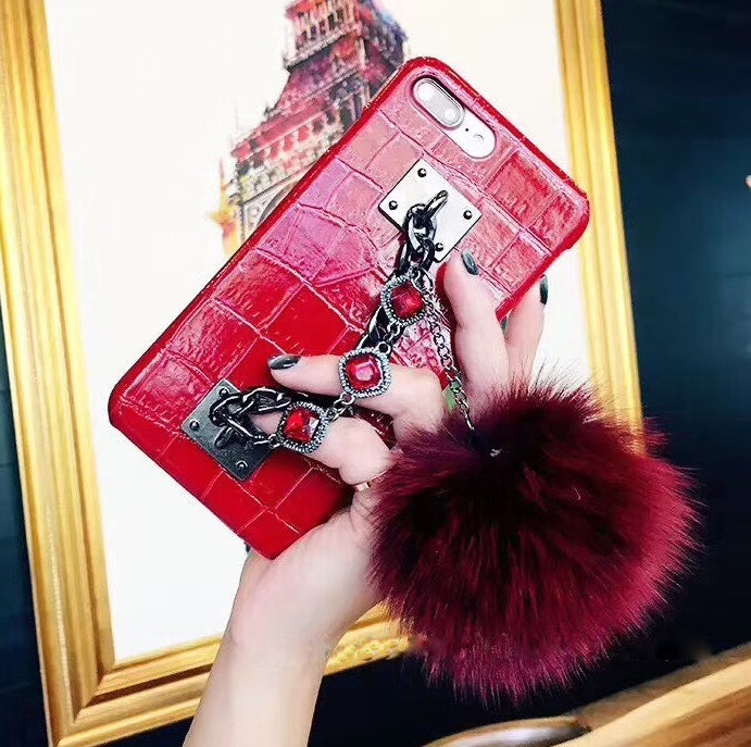 Mobile Phone Case with Fox Fur Ball Studded Anti-Fall Protection