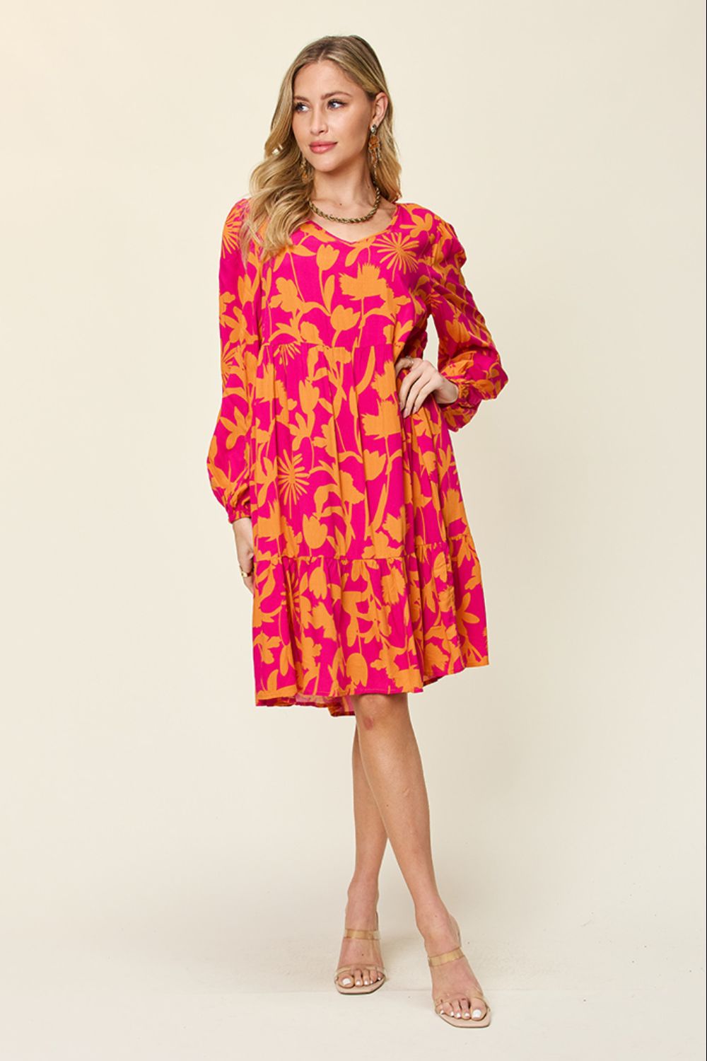 Double Take Full Size Printed Ruffle Hem Dress with Pocket Stylish &amp; Functional Women Dress