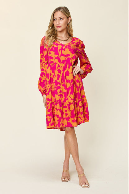 Double Take Full Size Printed Ruffle Hem Dress with Pocket Stylish &amp; Functional Women Dress