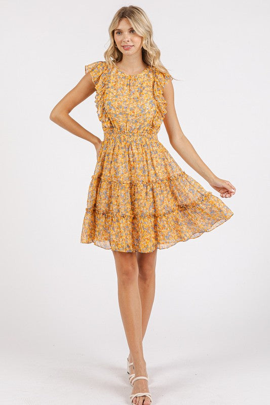 New Summer Ditsy Floral Print Ruffle Chiffon Mini Dress – Fluttering, Playful and Feminine Dress with Ruffle Details and Soft Chiffon Fabric