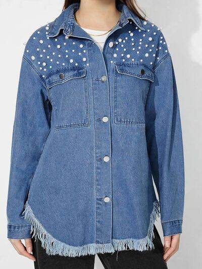 Raw Hem Pearl Trim Collared Neck Denim Top for Women