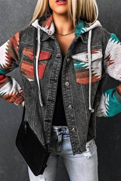 Drawstring Hooded Pocketed Denim Jacket for Women