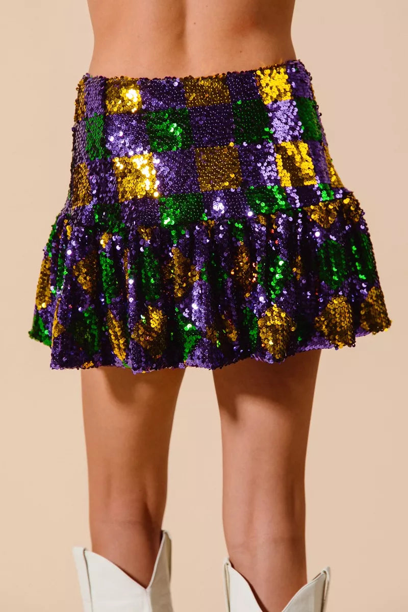 SO ME Mardi Gras Checker Sequins Mini Skirt