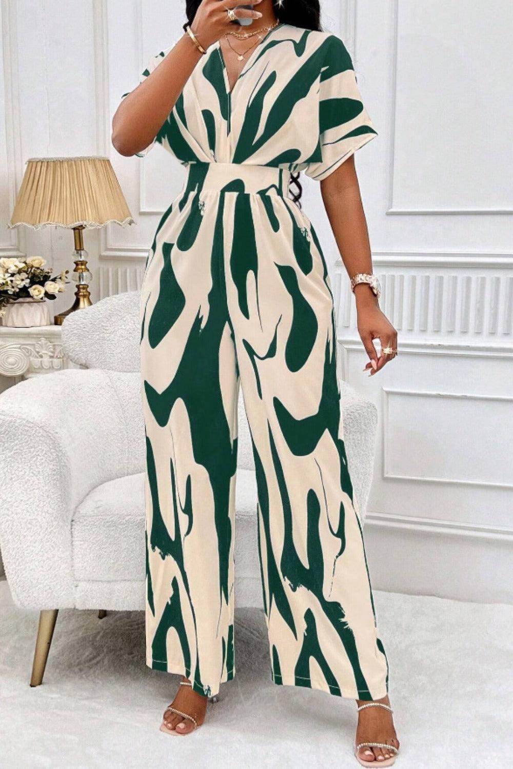 Printed V-Neck Short Sleeve Wide Leg Jumpsuit for Women