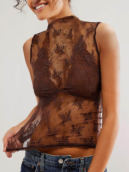 Lace Mock Neck Top for Women in Sheer Polyester Style