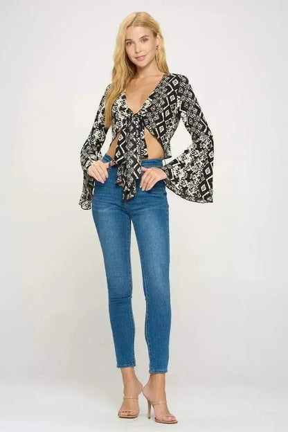 Boho Bell-Sleeve Crop Top | Floral Tie-Front | Sizes S-XL | Femstylo