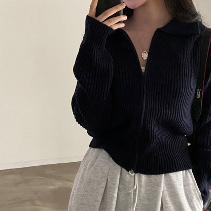 Lapel Zipper Casual Versatile Sweater Coat