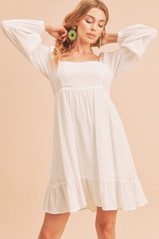 Ruffled Hem Square Neck Balloon Sleeve Mini Dress – Trendy, Feminine &amp; Fashion-Forward Dress for Stylish Occasions