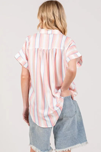 SAGE+FIG Full Size Multi Stripe Button Down Short Sleeve Shirt Plus Size