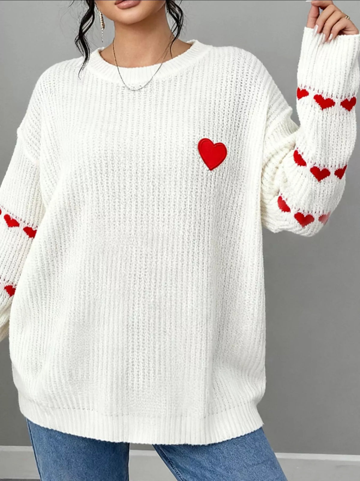 Heart Pattern Round Neck Sweater