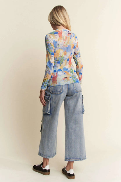 Davi &amp; Dani Multi Printed Mesh Round Neck Long Sleeve Top