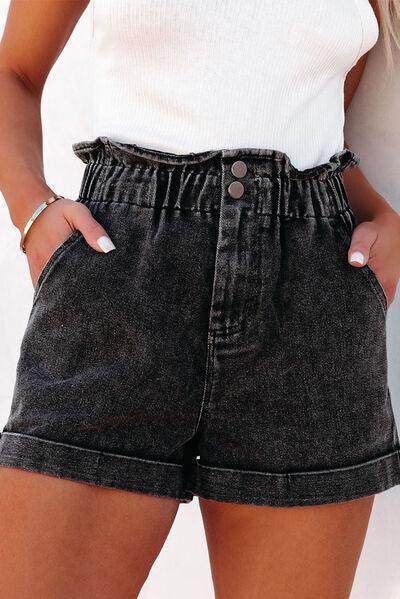 Stylish Paperbag Waist Denim Shorts with Pockets for Women