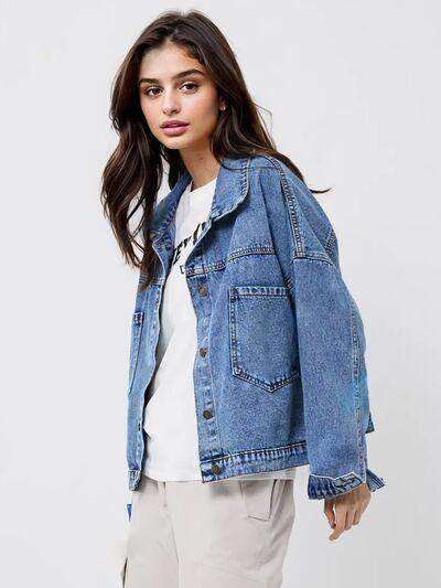 Pocketed Button Up Long Sleeve Denim Top for Women