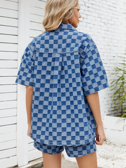 Checkered Shirt and Shorts Denim Set