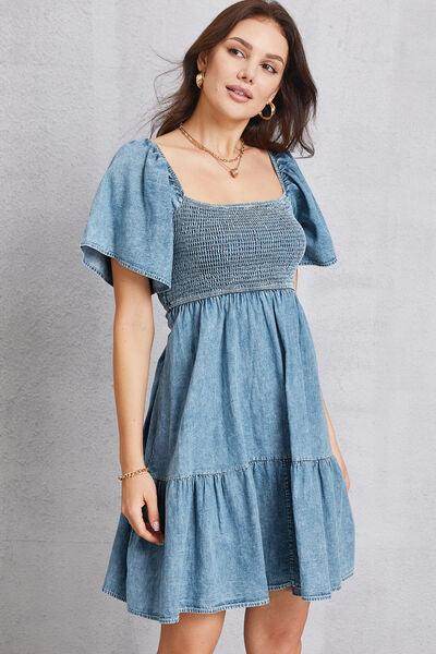 Smocked Square Neck Mini Denim Dress for Women Stylish