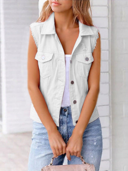 Full Size Button Down Raw Hem Sleeveless Denim Jacket Plus Size