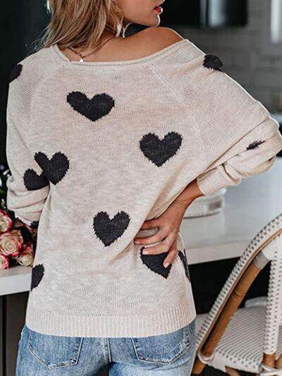 Heart Scoop Neck Long Sleeve Sweater for Women Cozy Style