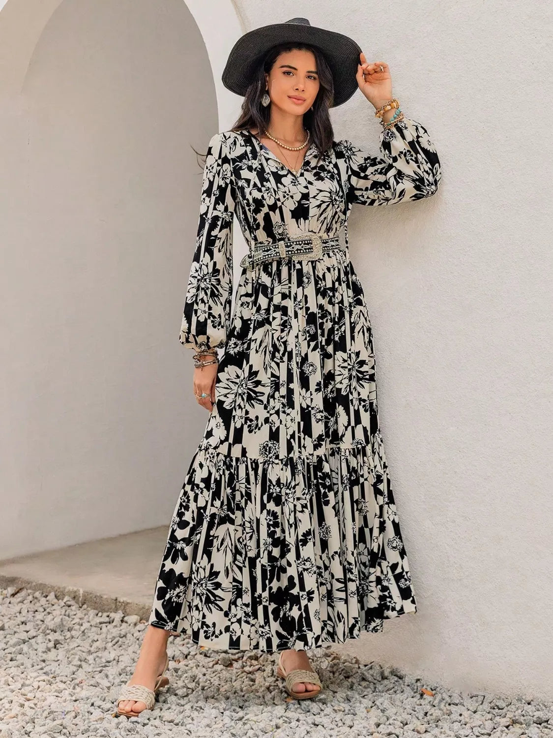 Plus Size Floral Print Balloon Sleeve Maxi Dress