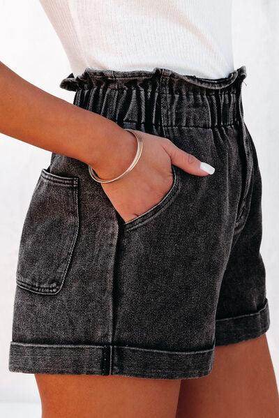 Stylish Paperbag Waist Denim Shorts with Pockets for Women