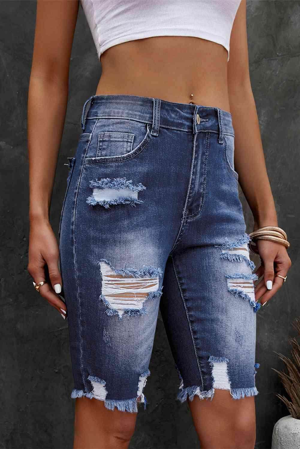 Distressed Frayed Hem Denim Bermuda Shorts for Women