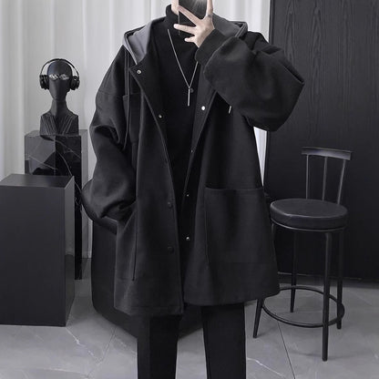 Quilted Hooded Jacket Mens Mid-Length Wool Coat