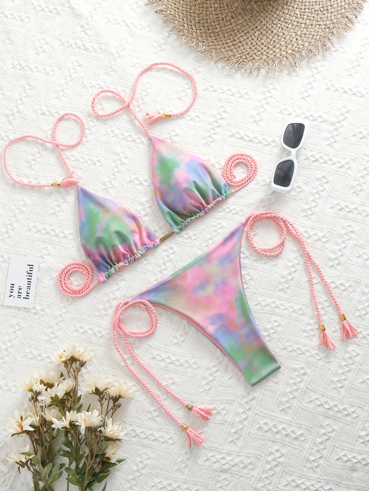 New Festival Flame Halter Bikini Set for Women – Triangle V-Neck Backless Two-Piece Swimsuit with Tie Side Bottoms &amp; Adjustable Lace-Up Fit – Sleek Polyamide Swimwear for Koningsdag/King’s Day &amp; Summer Beach Celebrations