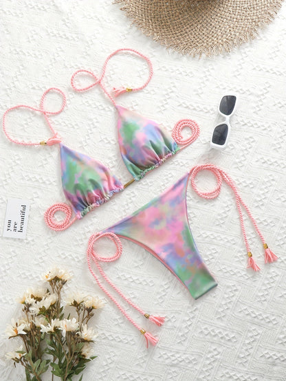 New Festival Flame Halter Bikini Set for Women – Triangle V-Neck Backless Two-Piece Swimsuit with Tie Side Bottoms &amp; Adjustable Lace-Up Fit – Sleek Polyamide Swimwear for Koningsdag/King’s Day &amp; Summer Beach Celebrations