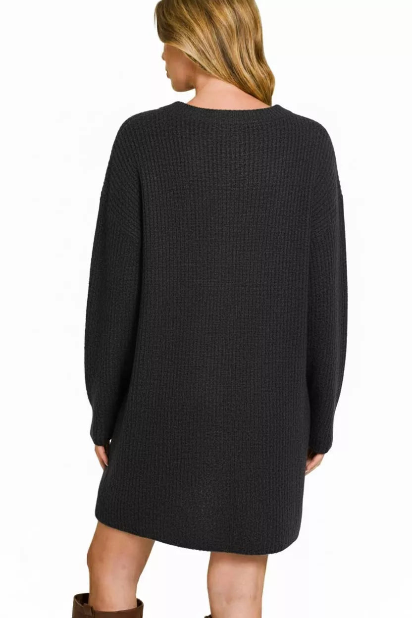 V-Neck Long Sleeve Ribbed Sweater Dress