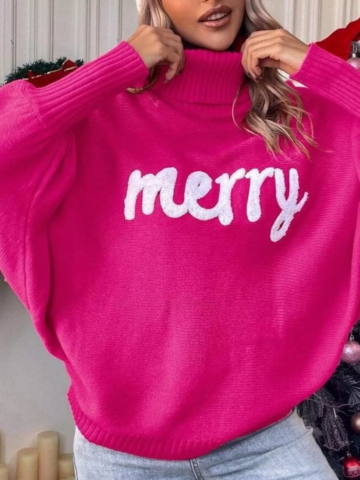 Merry Turtleneck Long Sleeve Christmas Sweater