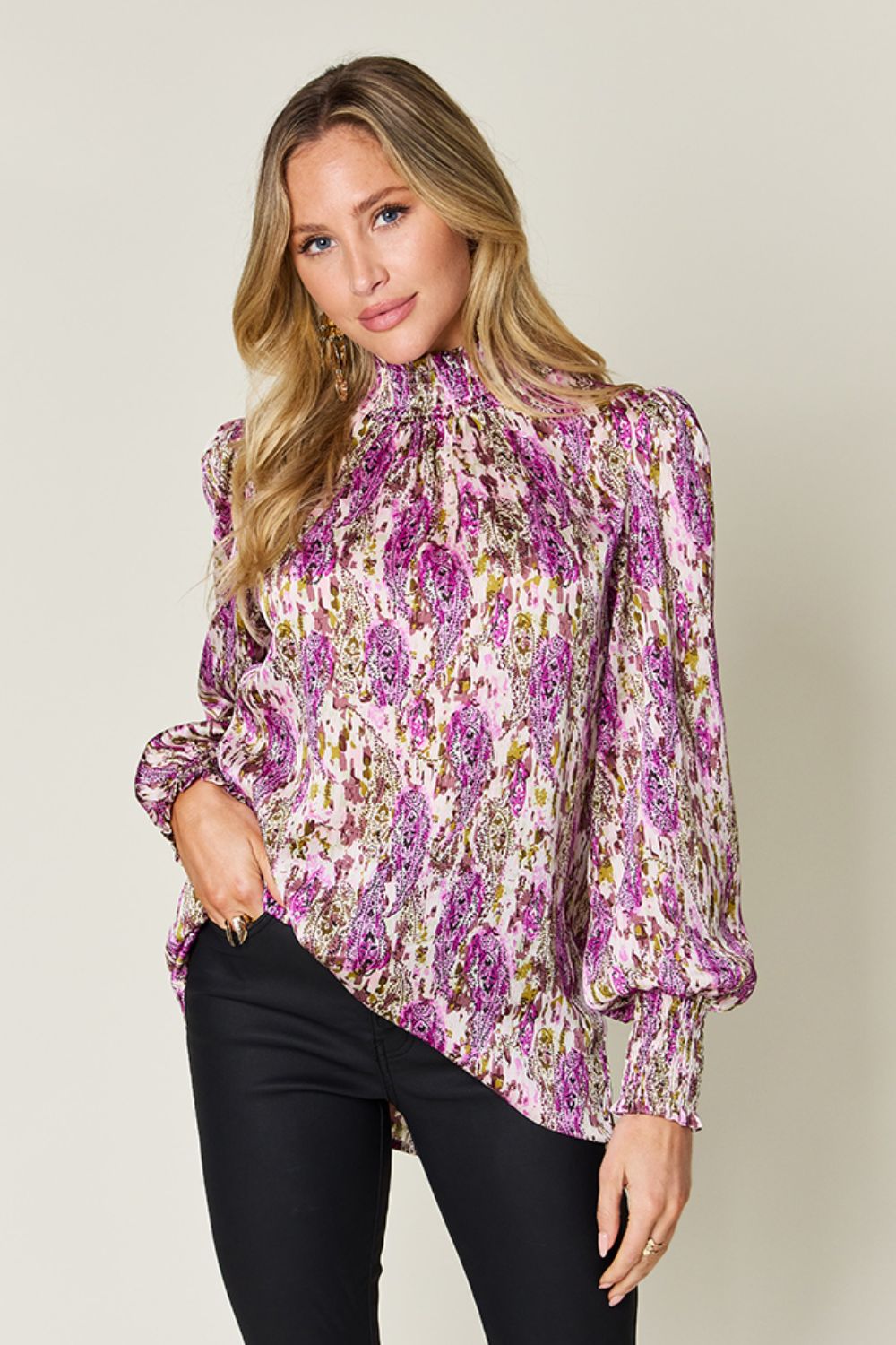 Semi-Sheer Smocked Top with Long Sleeves &amp; Frills