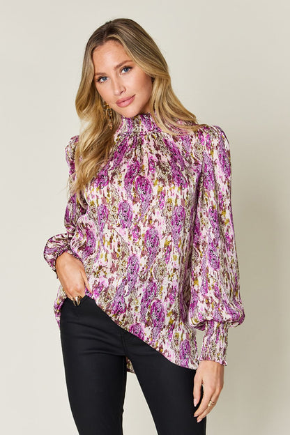 Semi-Sheer Smocked Top with Long Sleeves &amp; Frills