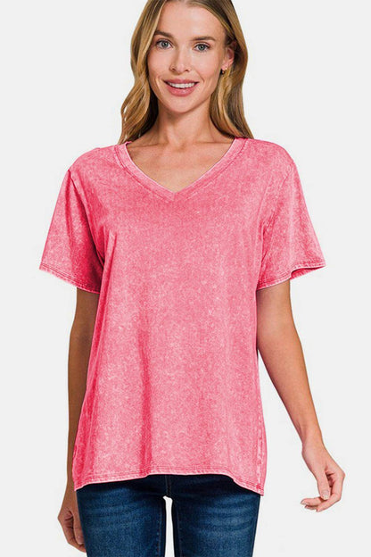 Zenana Full Size Washed Short Sleeve V-Neck T-Shirt Casual