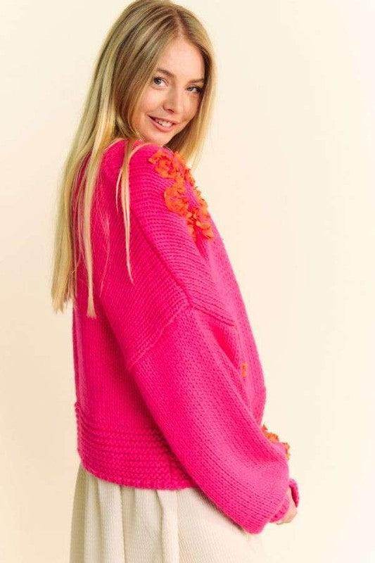 Davi &amp; Dani Floral Applique Open Front Drop Shoulder Cardigan