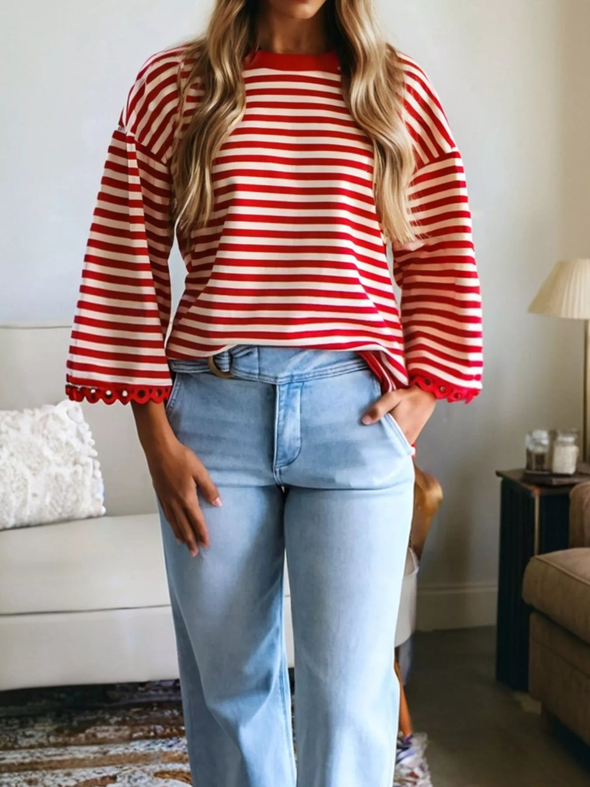 Striped Print Drop Shoulder Lace Trim Loose Top