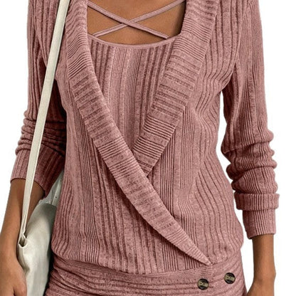 Womens Ribbed Long-sleeve Knit Undershirt With Crisscross Straps