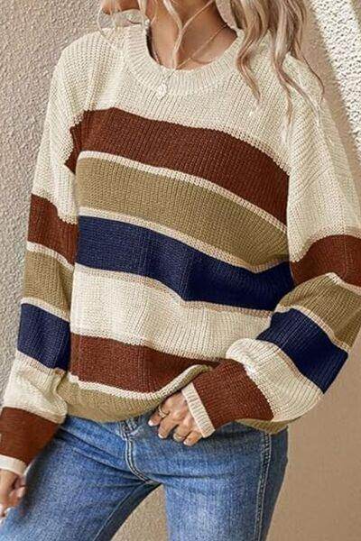 Contrast Striped Round Neck Long Sleeve Sweater for Women