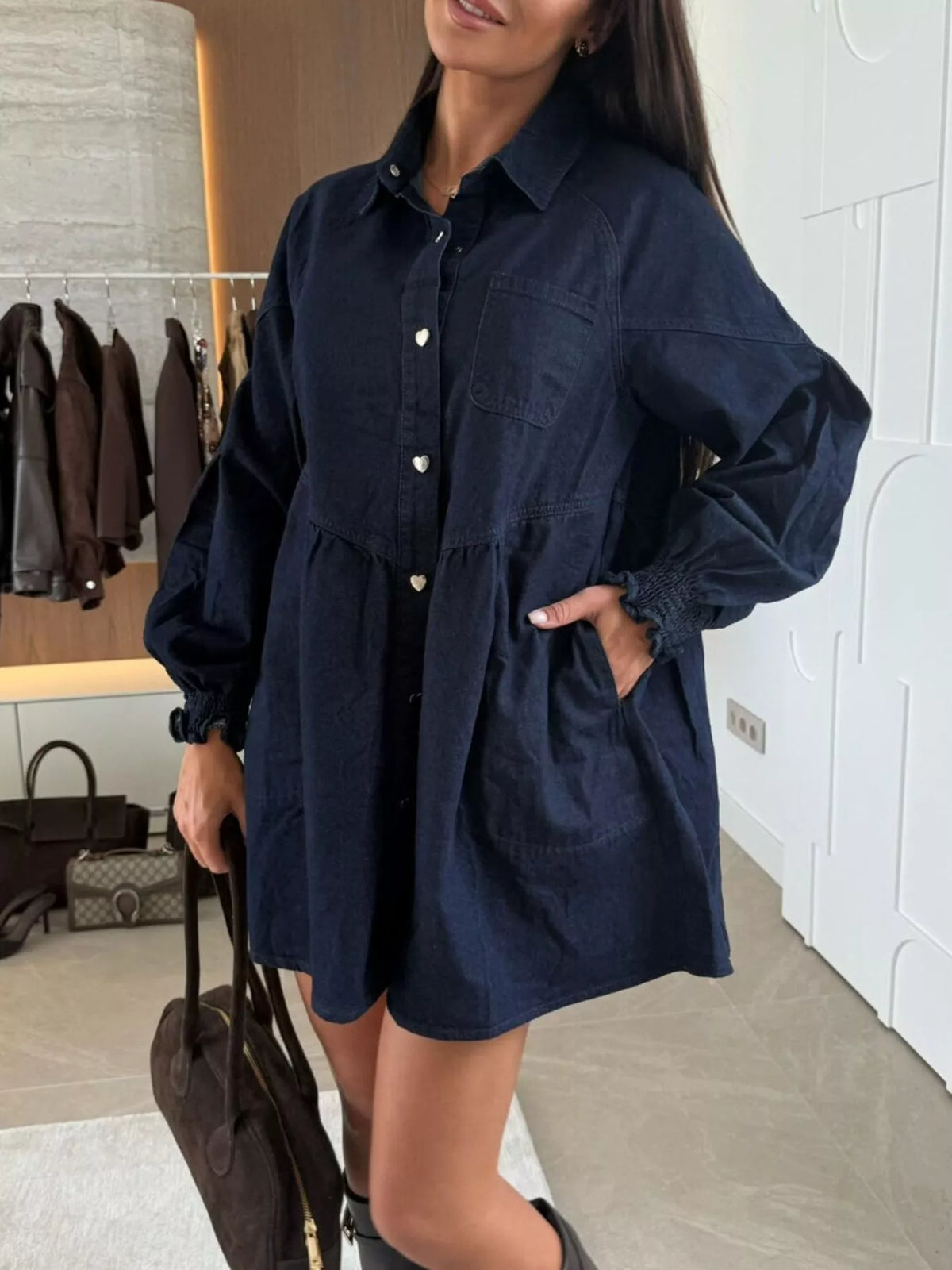 Button Down Mini Denim Dress with Front Pockets