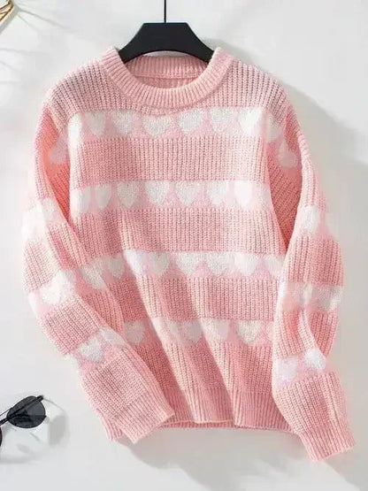 Heart Print Sweater - Oversized Round Neck Knit Top | Femstylo