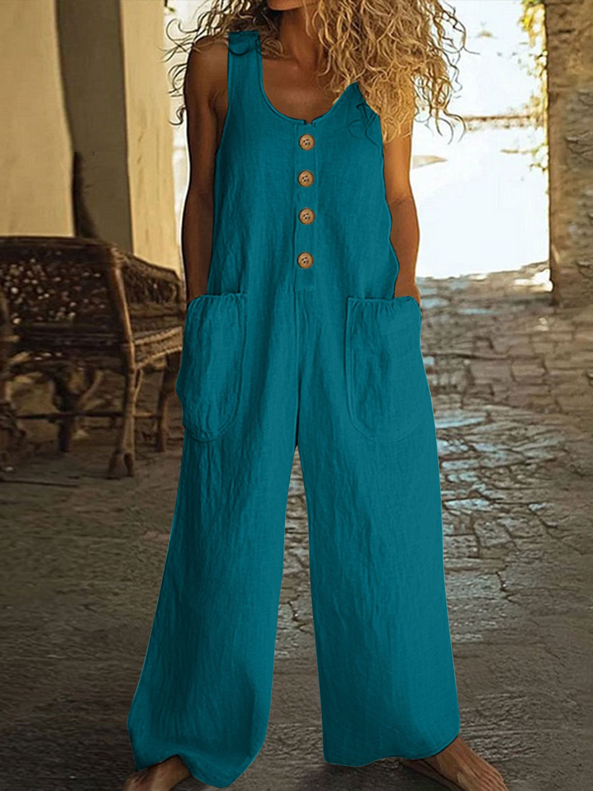 Summer New European-style Wide-leg Jumpsuit For Women, Sleeveless, Buttoned Pockets, Relaxed Fit, Casual Strap Pants.