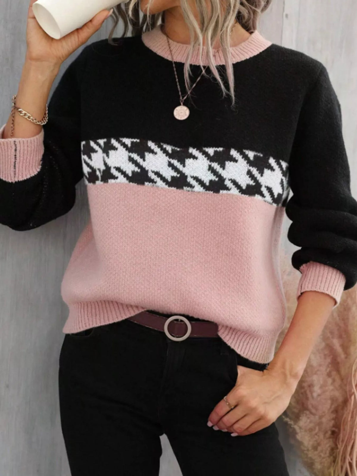 Houndstooth Pattern Color Block Sweater