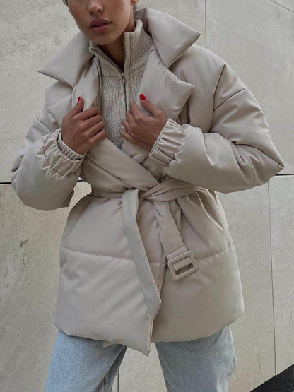 Puffer Long Sleeve Winter Coat with Belt for Women