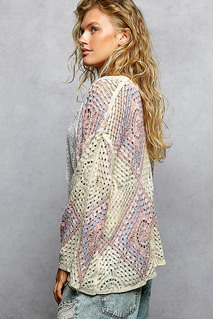 POL Open Front Crochet Cardigan with Granny Square Pattern