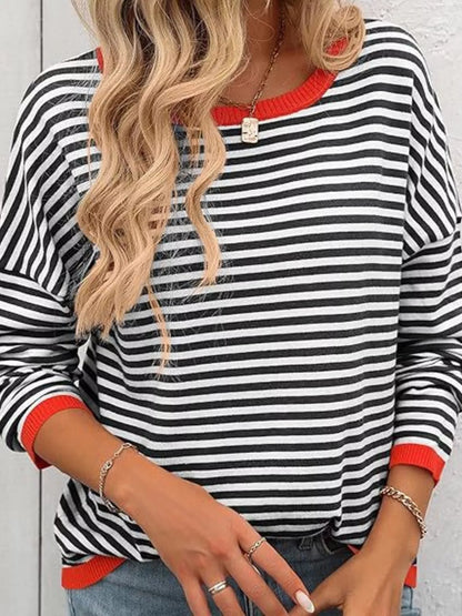 Plus Size Contrast Striped Long Sleeve Sweater