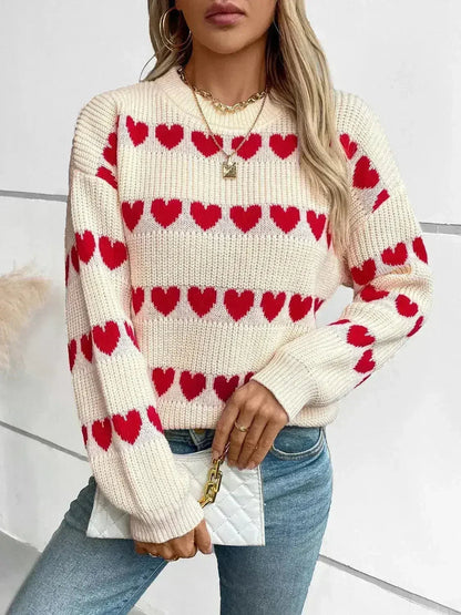 Heart Print Sweater - Oversized Round Neck Knit Top | Femstylo
