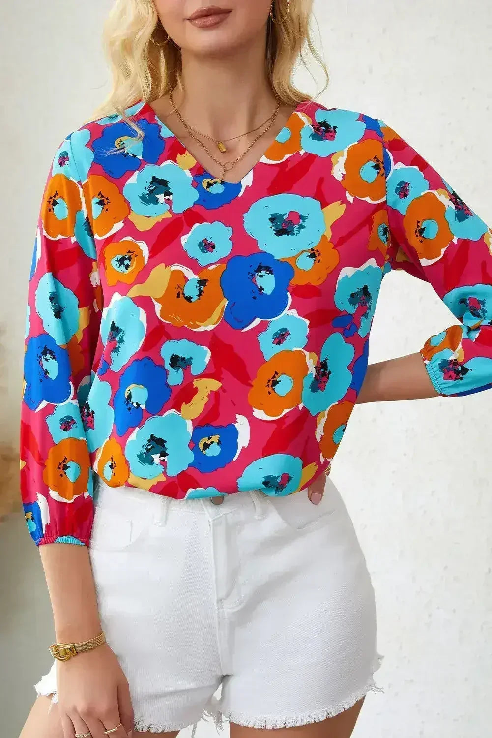 Floral Print V Neck Blouse - 3/4 Sleeve &amp; Non-Stretch | Femstylo