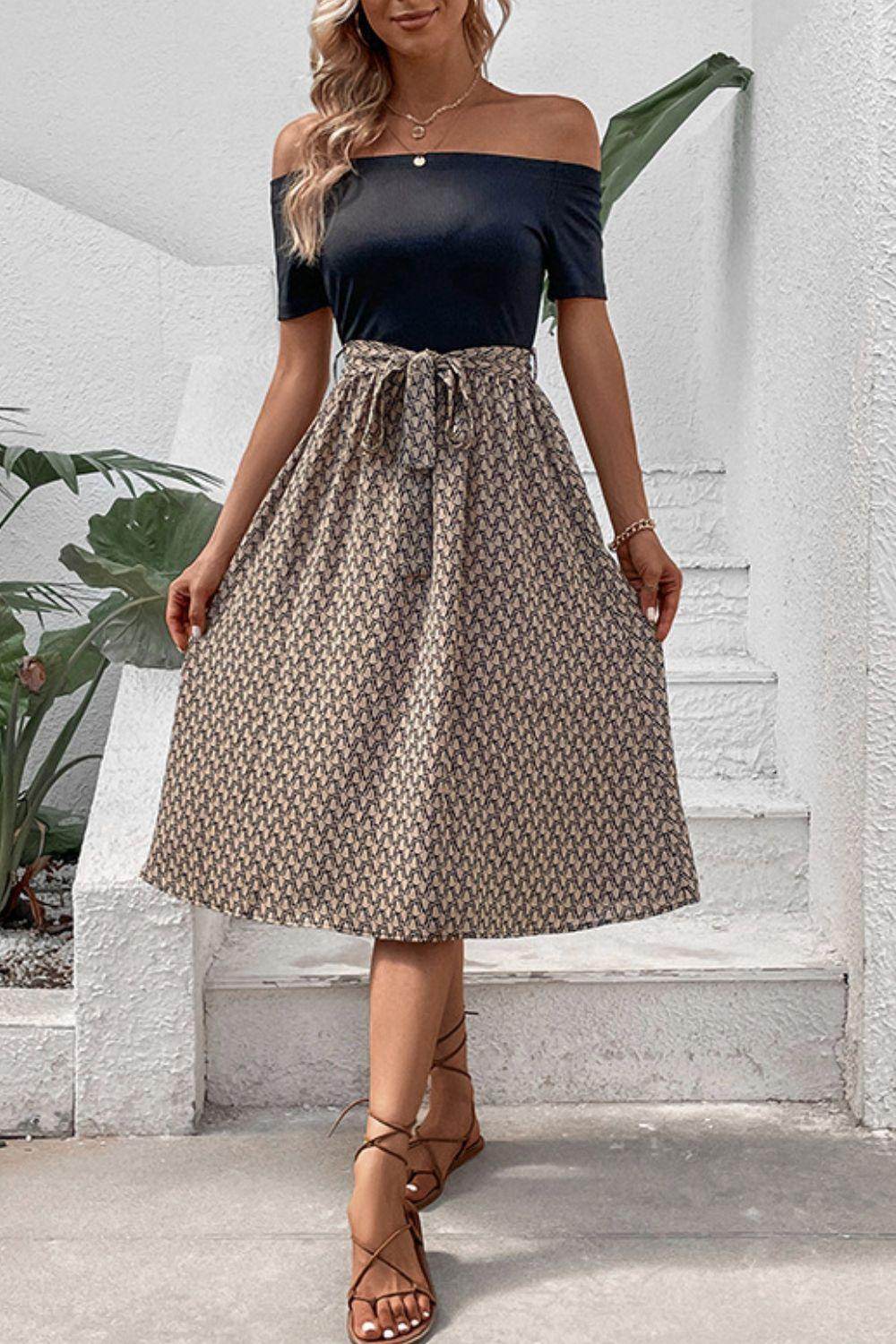 Perfee Printed Tie Belt Off-Shoulder Dress for Women