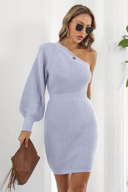 One Shoulder Raglan Sleeve Pencil Sweater Dress for Women