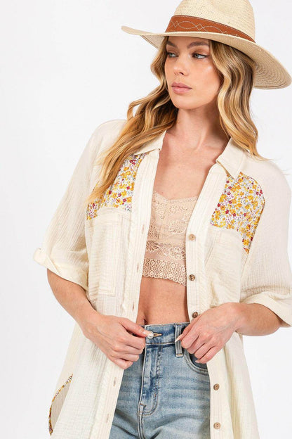 SAGE + FIG Full Size Floral Detail Button Up Shirt
