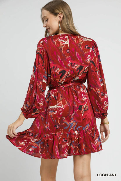 Umgee Ruffled Hem Printed Balloon Sleeve Dress