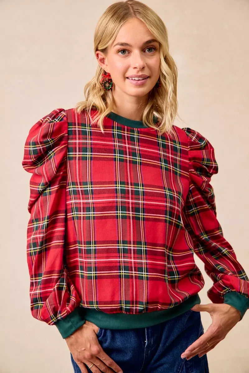 BiBi Christmas Plaid Exaggerated Shoulder Sleeves Top